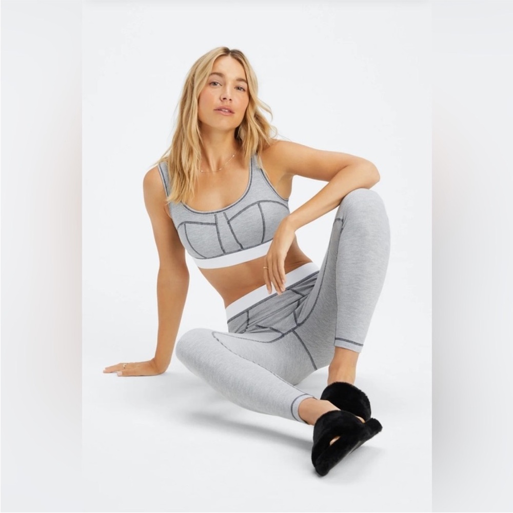 NWT Fabletics Gray and White Waffle Bra and Leggings Lounge Set